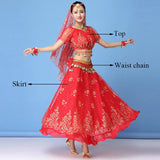 New Bollywood Costume Set Belly Dance Performance Clothes Chiffon Sequin Skirt Set Adult Women Indian Dance Costume Set