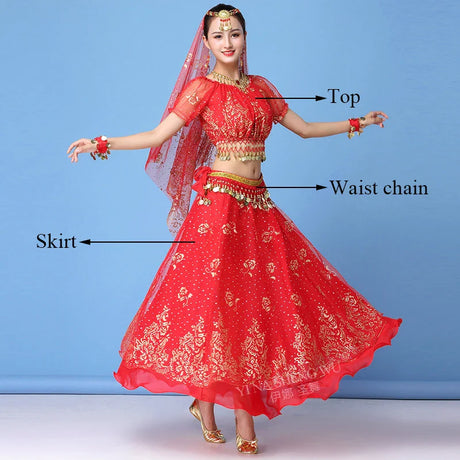 New Bollywood Costume Set Belly Dance Performance Clothes Chiffon Sequin Skirt Set Adult Women Indian Dance Costume Set