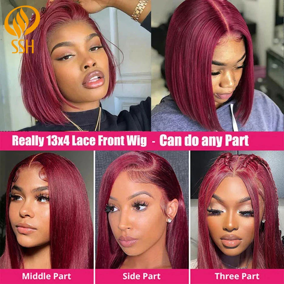 Bob Wig Human Hair Burgundy 99J Straight 13X4 Lace Front Wig 180% Density Short Straight Frontal Bob Wig 13x5x1 Lace Frontal wig