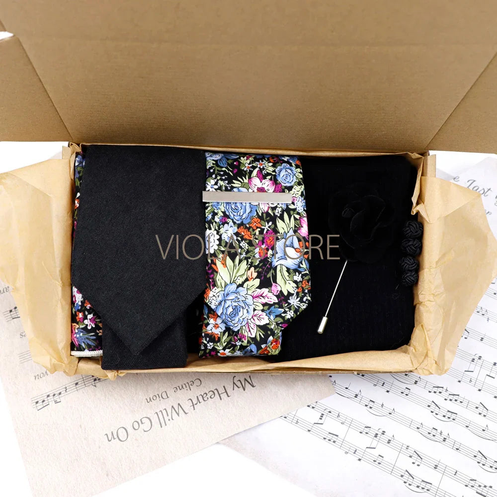 Viola Design Gift Box Hot Solid Floral Cotton Sock Necktie Set Clip Cufflinks Pin Hanky Men Wedding Party Daily Cravat Accessory