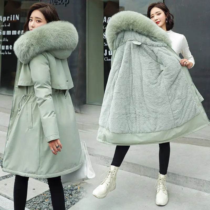 2023 New Winter Jacket Women Parka Fashion Long Coat Wool Liner Hooded Parkas Slim With Fur Collar Warm Snow Wear Padded Clothes