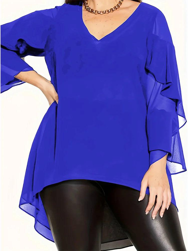 New Female Plus Size Casual Black Layered Ruffle Sleeve Top Office Lady A-Line Spring Autumn V-Neck Fashion Women's Top Blouse