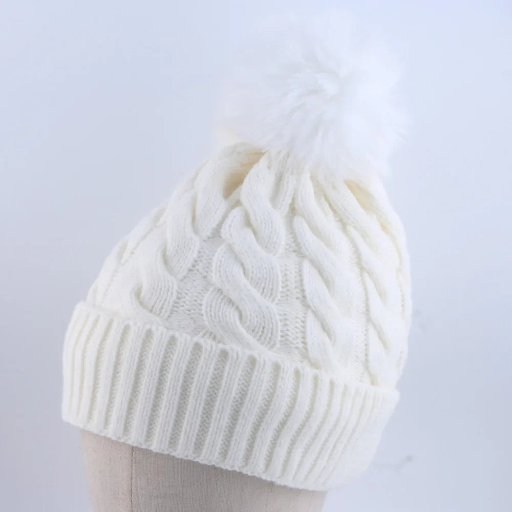 Warm Fleece Lined Hat Women Winter Beanies Cable Knitted Pom Pom Hat Plain Skullies Olive Green Black Grey White Beige Pink