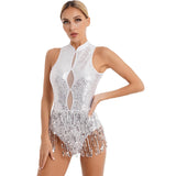 Womens Ballroom Dance Performance Costume Latin Jazz Samba Dance Wear Glitter Sequins Tassel Leotard Sleeveless Shiny Bodysuit