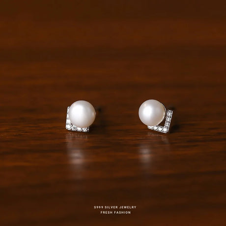 999 Sterling Silver V-shaped Inlaid Zircon Natural Pearls Stud Earrings for Women French Vintage Romantic Jewelry