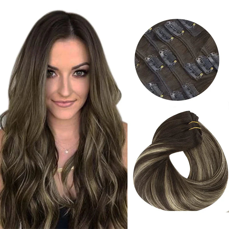 Clip In Human Hair Extensions Straight Natural Light Brown Honey Ombre Balayage Black Hair Pieces For Women Clip-in Full Head