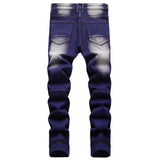 Men Stretch Denim Biker Jeans Streetwear Zippers Pleated Patch Patchwork Pants Slim Skinny Tapered Trousers