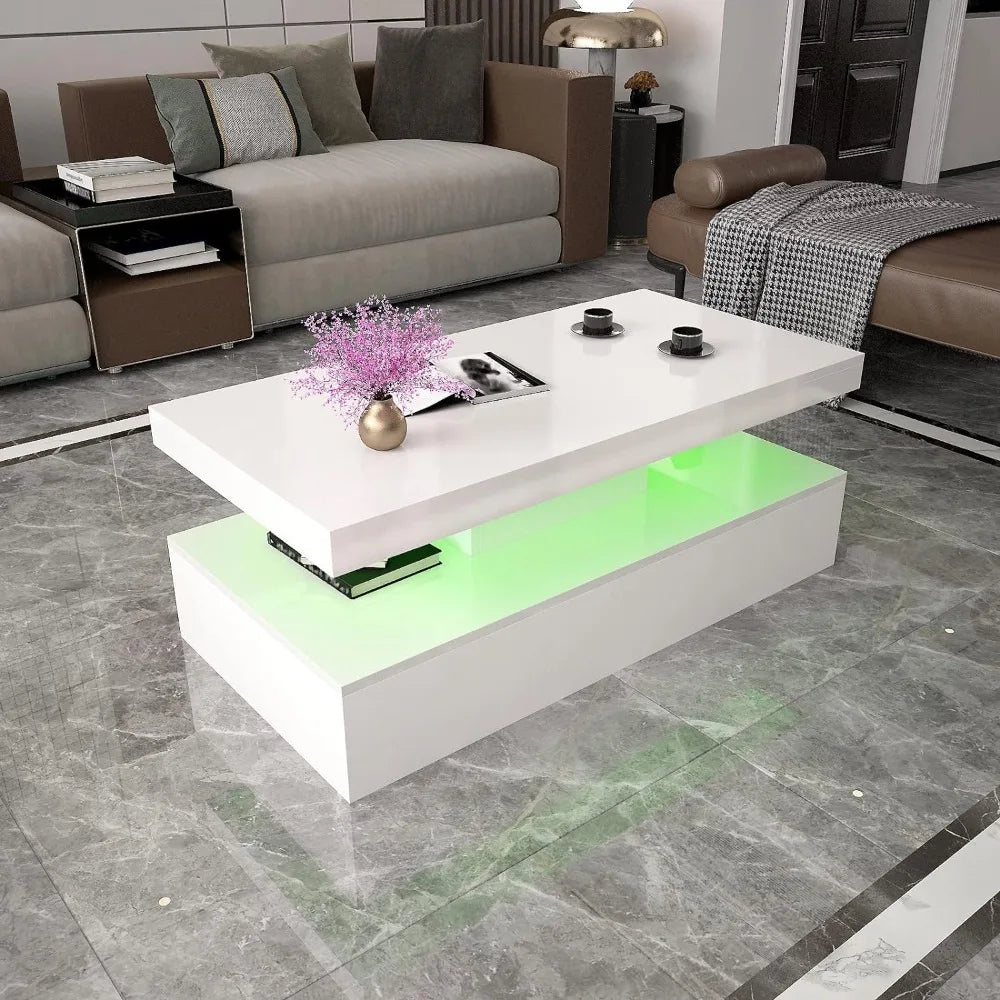 LED Coffee Table, White Modern High Gloss Coffee Table with RGB Light, Rectangular Coffee Table with Remote Control for Living