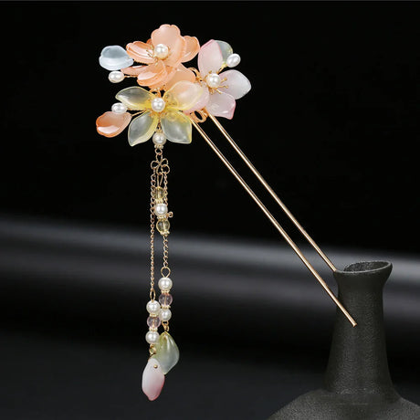 2023 New Chinese Hair Stick Girls Vintage Wedding Hanfu Decor Hairpin Flower Tassel Pearl Hair Bun Chopsticks Bride Hair Jewelry