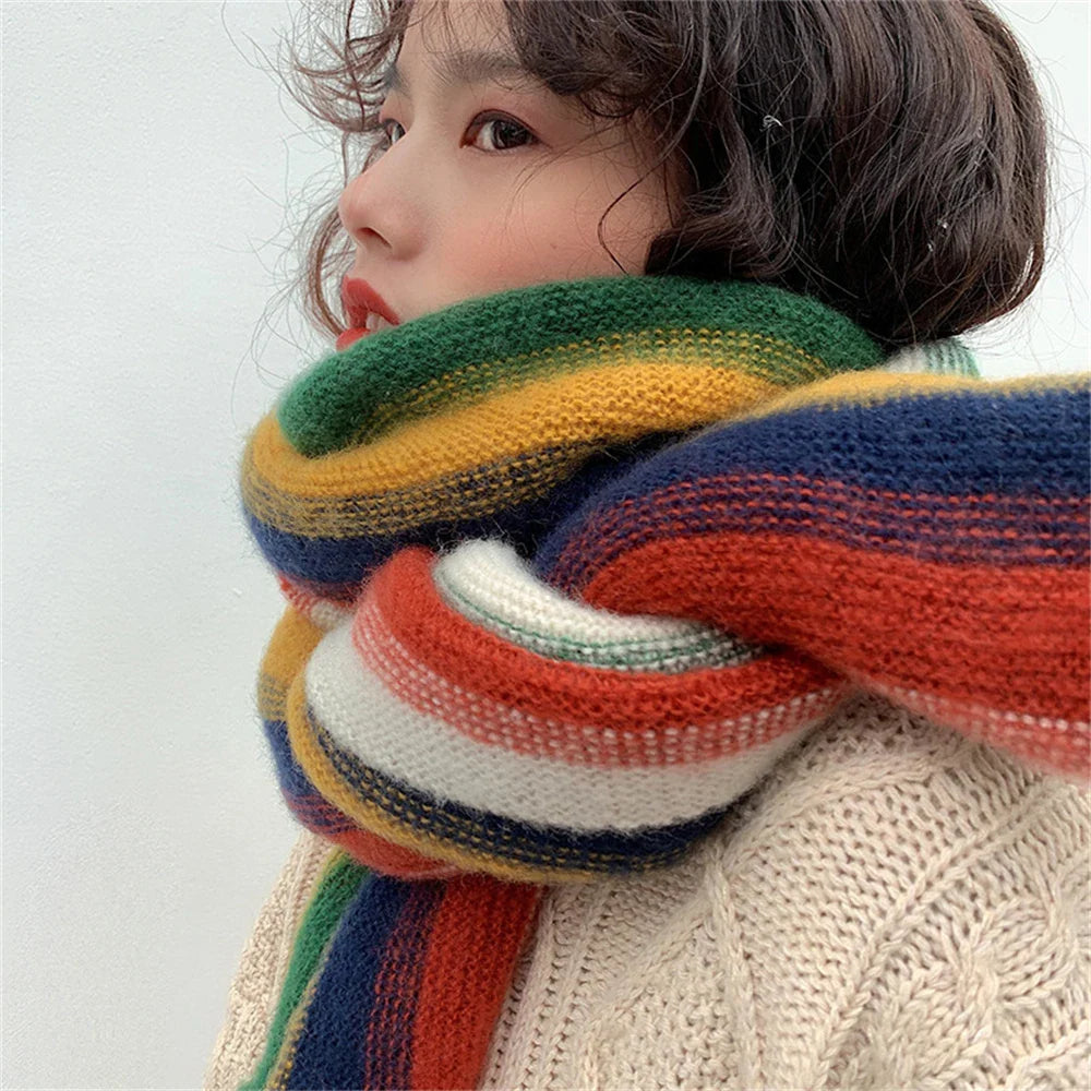 Rainbow Knit Scarf for Women Winter Thick Cashmere Stripe Shawl and Wrap Fashion Warm Streetwear Girl's Foulard Wool Scarves