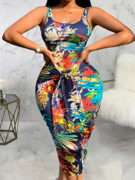 LW Plus Size Summer Low Neck Dress Floral Print Bodycon Cami Dress Sleeveless Tank Top Bodycon Mini Club Dress Dresses