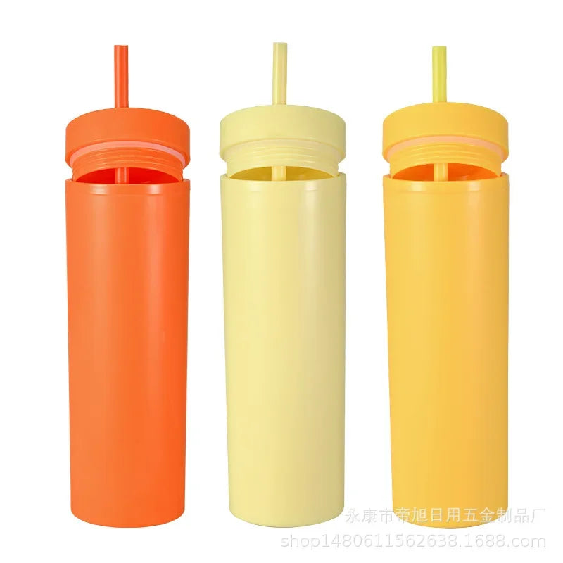 Plastic Straw Cup Double-Layer Water Bottles Coffee Cup Reusable Hard Plastic Tumbler With Lid Drinkware  Gift