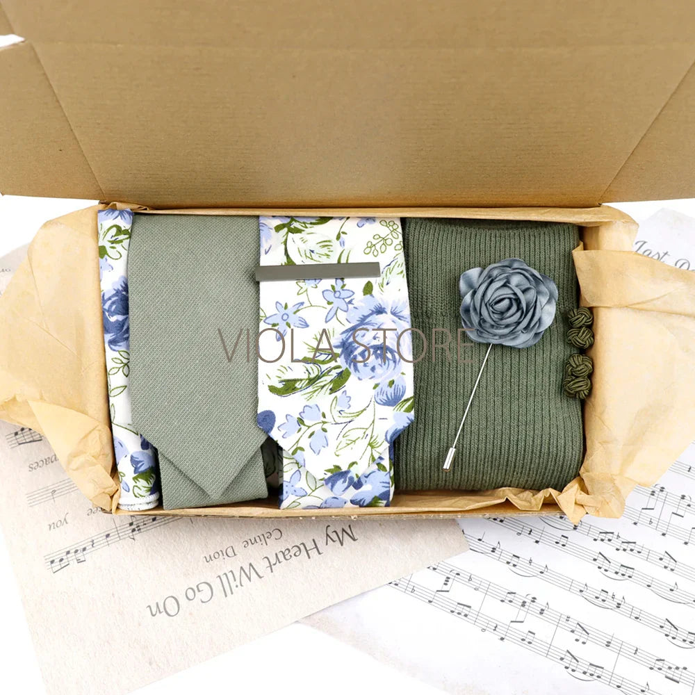 Viola Design 7 PCS Gift Box Cotton Sock Tie Sets Clip Pin Cufflinks Hanky Solid Floral Men Wedding Party Daily Cravat Accessory