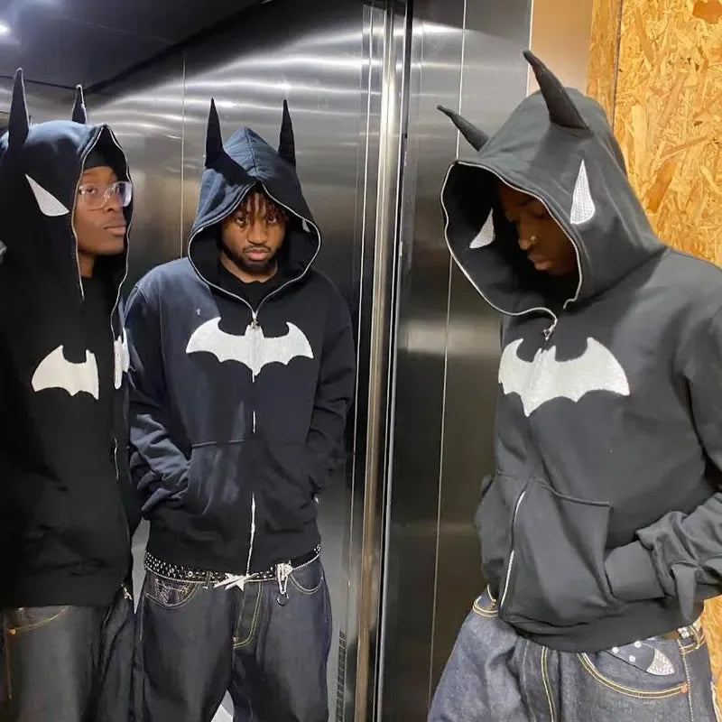 Y2K Zip up Hoodie Harajuku Bat Animation Flocking Hip Hop Streetwear Goth Men Sweatshirt Couple Street Fashion Trend Hoodie Tops