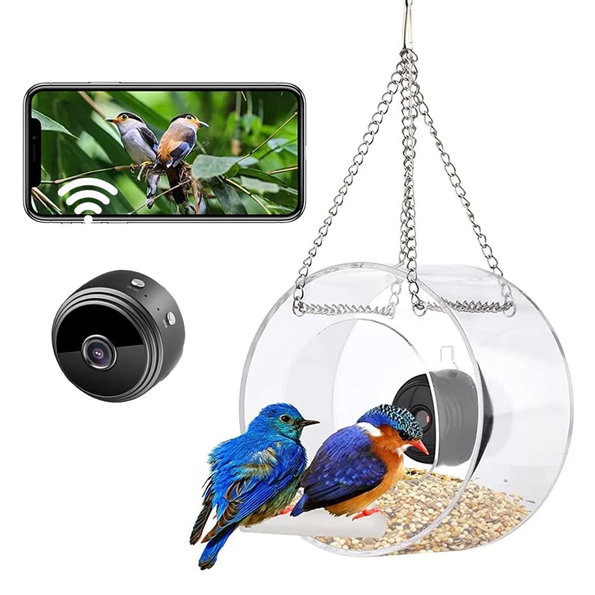 Bird Feeder with Camera, Acrylic Hanging Smart Bird Feeder House with 1080p Night-Version Video Camera WiFi Remote Bird Watching