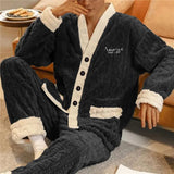 2024 New Men Winter Warm Flannel Pajamas Set V-Neck Fluffy Coat + Long Pants Male Sleepwear For Sleeping 2 Pieces Housewear 3xl