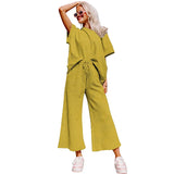 Spring Summer Casual Solid Short Sleeve T-shirt Wide Led Pant Sets Drawstring Elastic Waist Trouser Suit Sports Women Outfits