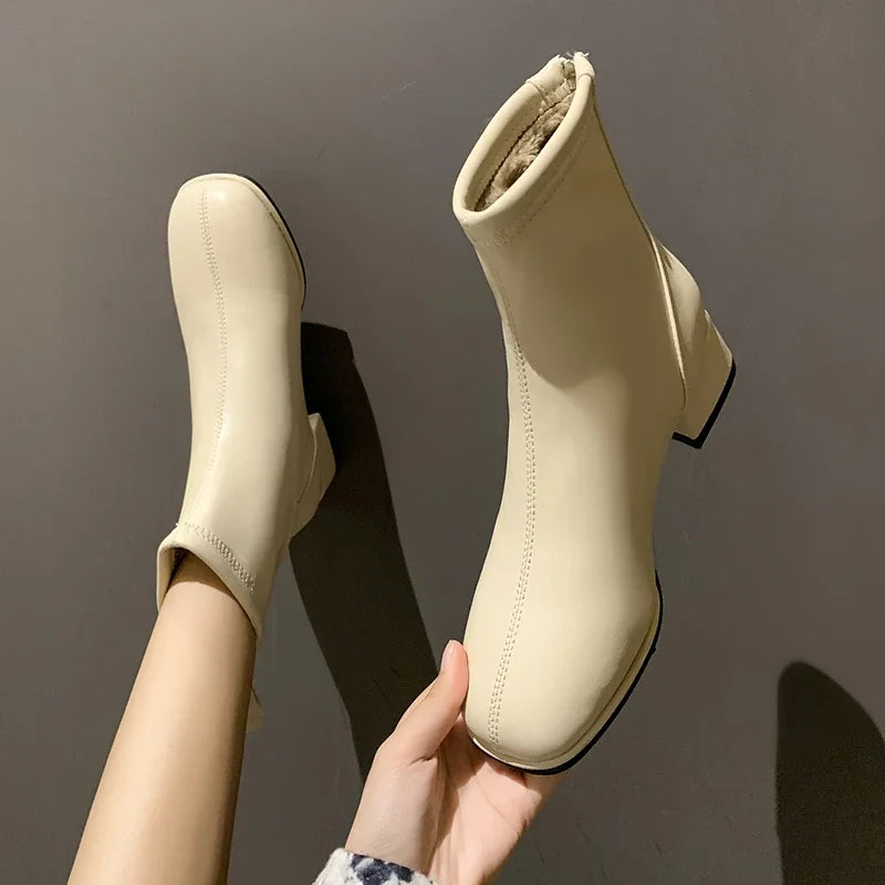 Plus Size 43 Square Toe Ankle Boots Women Winter Plush Warm Zipper Mid Tthick Heel Chelsea Boot Elegant Office Shoes Botas Mujer