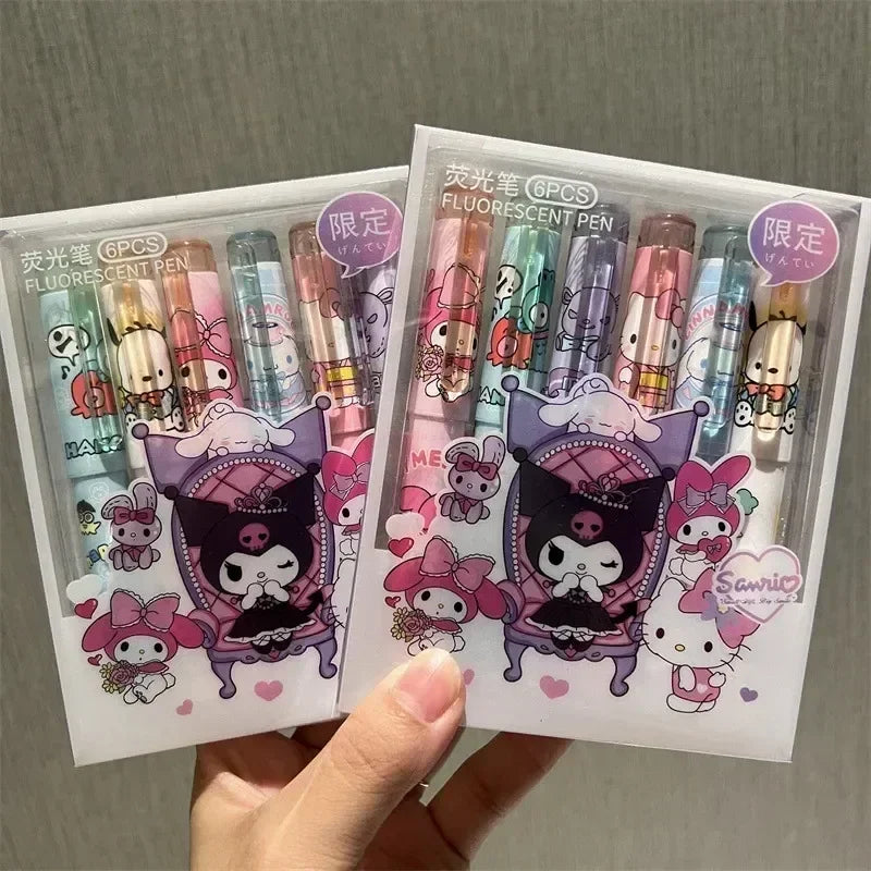 Sanrio 6/12pcs Highlighter New Lolita Series Hello Kitty Kuromi Cute Graffiti Painting Pens Classroom Markers Student Stationery