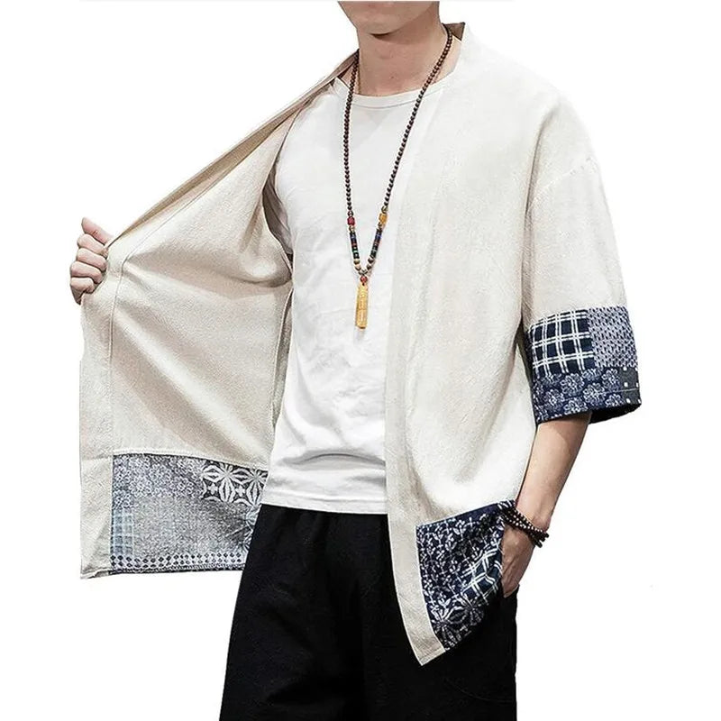 Men's Japanese Kimono Cardigan Loose Cotton Linen 3/4 Sleeve Open Front Casual Summer Shirt Jackets