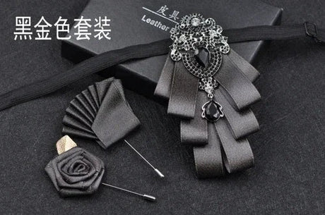 Luxury Black Rhinestone Bow Tie British High-end Men's Boy Business Wedding Suit Shirt Collar Flowers Sets Handmade Jewelry Gift