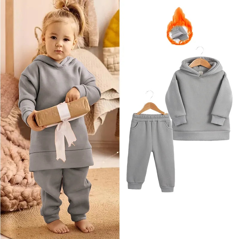 2023 New Arrivals Little Girls Clothing Tracksuit 2 Pieces Set Warm Fleece Plain Top Sweatshirt+Pants Loungewear Suit For Kids