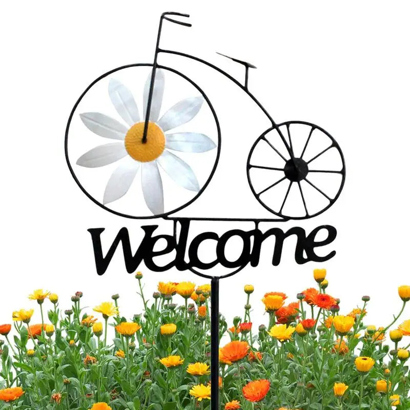 Garden Welcome Stake Garden Iron Stakes With Windmill Bicycle Design Outdoor Spinning Wheel Sunflower Wind Spinner Outdoor decor