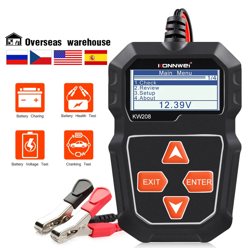 KONNWEI KW208 Battery Tester 12V Automotive Battery Charger Inspection Tools 100 to 2000CCA Cranking Charging Circut Analyzer