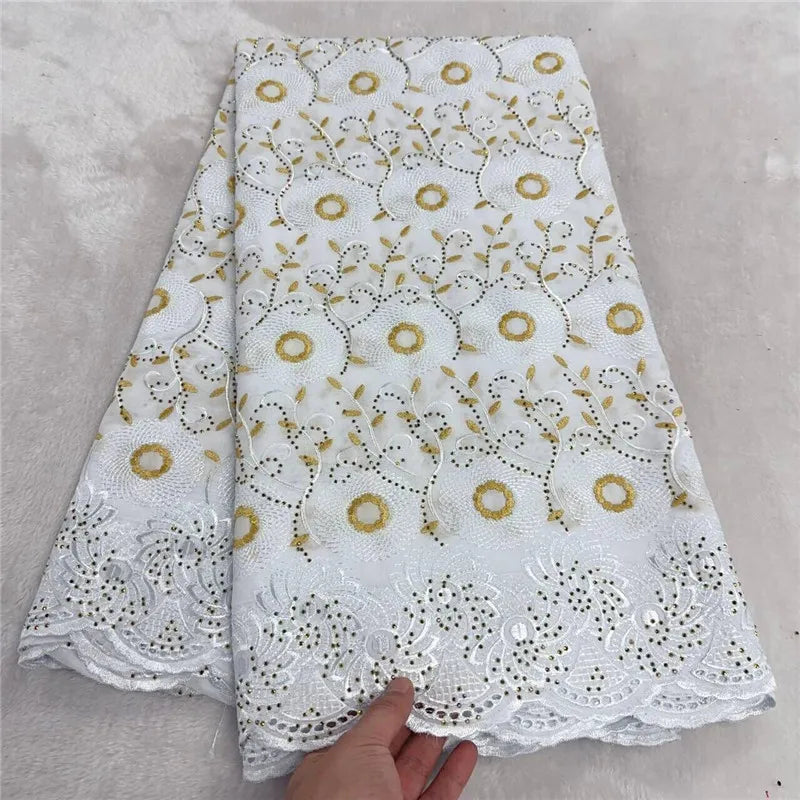 5 Yards African Swiss Voile Lace Fabric Embroidery High Quality With Stones Dry 100% Cotton For Wedding 4L071503