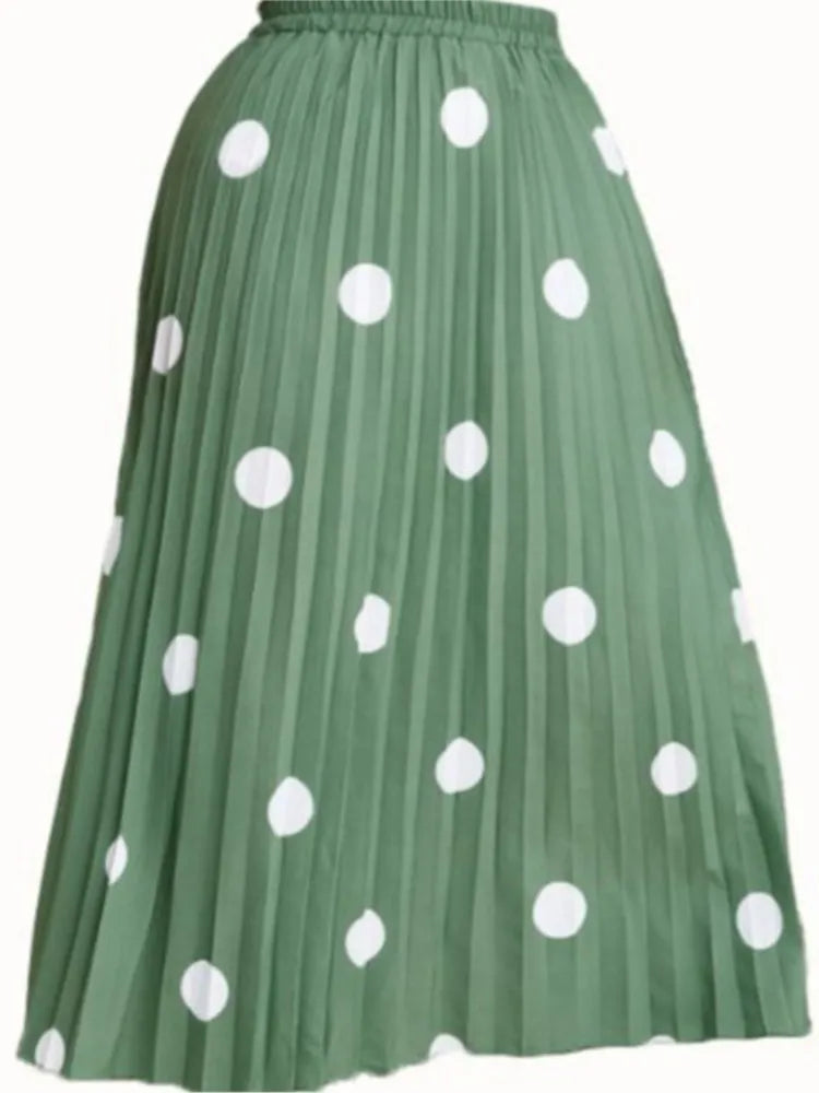 Plus Size Spring Midi Polka Dot Print Skirt Women Ruffle Pleated Loose Modis Office Ladies Skirts Elastic High Waist Woman Skirt