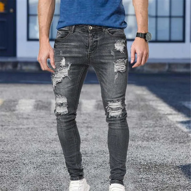 White Embroidery Jeans Men Cotton Stretchy Ripped Skinny Jeans High Quality Hip Hop Black Hole Slim Fit Oversize Denim Pants