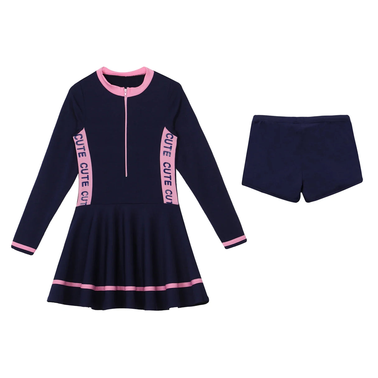 Kids Girls Rash Guard Swimsuit Beachwear Long Sleeve Zipper Swim Dress with Shorts Set 2 Piece Surfing Swimming Bathing Suit