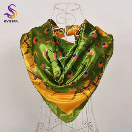 BYSIFA| Fall Winter Elegant Floral Design Scarves Shawls New Green Orange Square Silk Scarf 90*90cm Women Neck Head Scarf Hijab