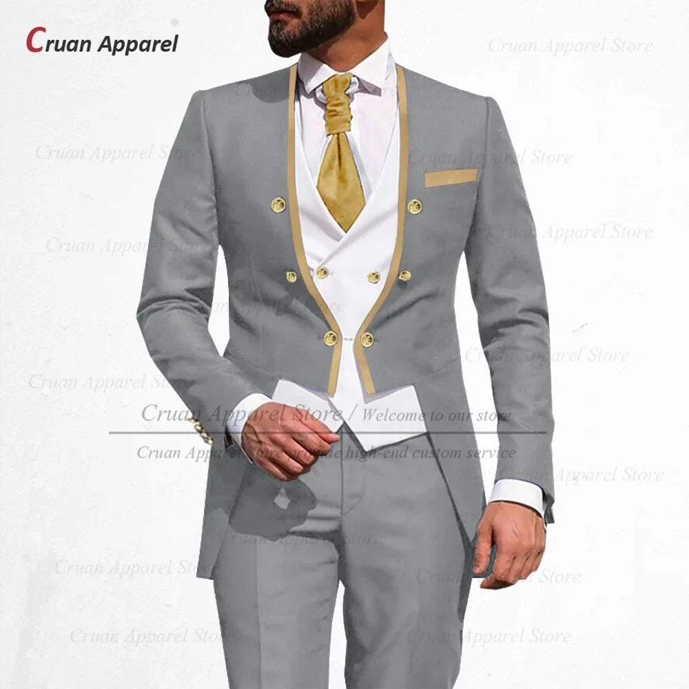 Latest Royal Blue Suit Men 3Pcs Slim Fit Wedding Best Man Groom Tuxedo Double Breasted Gold Trim Jacket Vest Pants Set Tailcoat