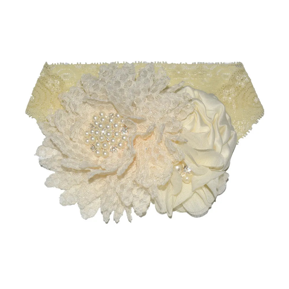 Baby girls Flower Headband Newborn Infant Pearl Flowers With Lace wide Headbands Bebes Hair accessories Phoro props Kids Turban