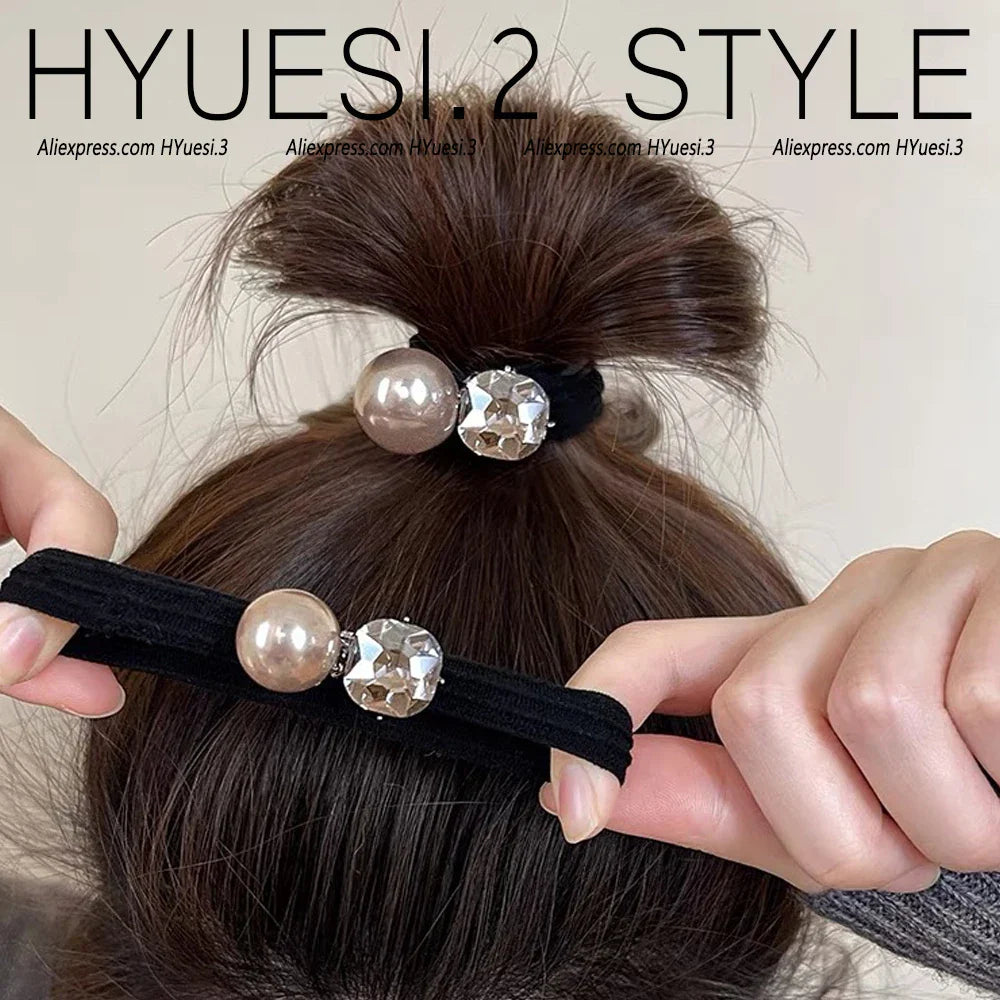 Elegant Faux Pearl Hair Ties High Elastic Seamless Black Scrunchies With Heart Diamond Women Girls Ponytail Holders Scrunchies