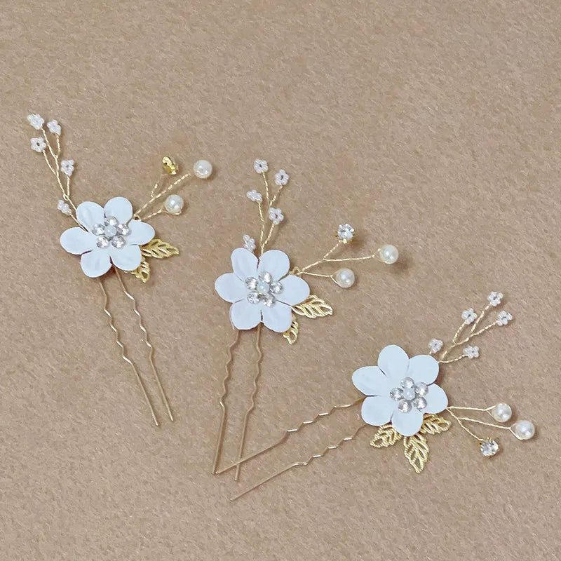 3pcs White Flower U Shaped Hairpin Pearl Elegant Hair Clips Hair Jewelry Accessories For Women Wedding Head Ornaments Hairpins