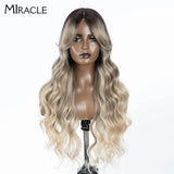 MIRACLE Synthetic Lace Front Wigs For Women Long Wavy 36 Inch Body Wavy Side Part Lace Front Wig Ombre Brown Blonde Cosplay Wig