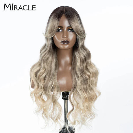 MIRACLE Synthetic Lace Front Wigs For Women Long Wavy 36 Inch Body Wavy Side Part Lace Front Wig Ombre Brown Blonde Cosplay Wig