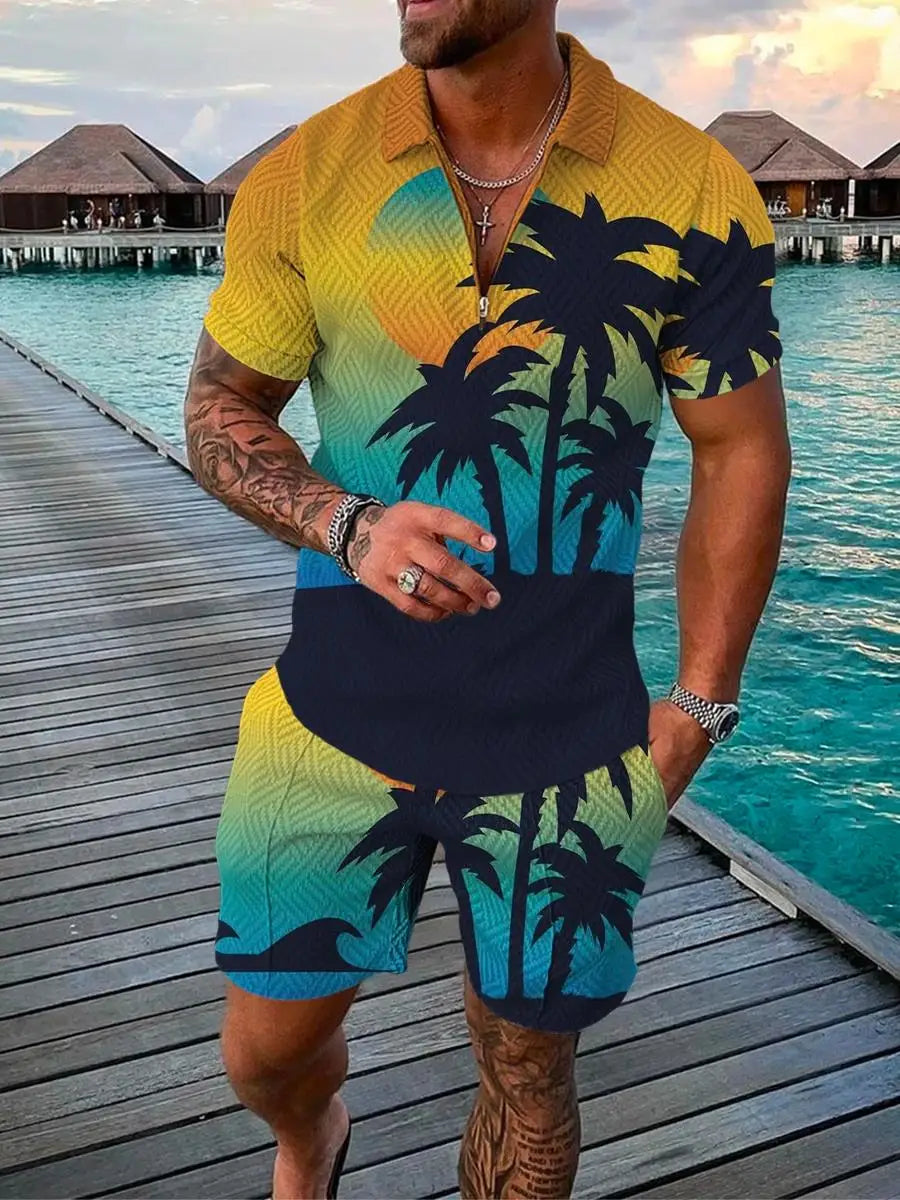 Hawaiian Polo Set Men Tracksuit Sets Summer 3D Beach Outfits Polo Shirt Shorts 2pcs Sets Zipper Coconut Tree Casual man Clothing