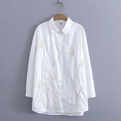 4XL Plus Size Shirt Women 2023 Spring Vintage Grass Embroidery Ice Silk Cotton Blouse Long Sleeve Tops Oversized Curve Clothes