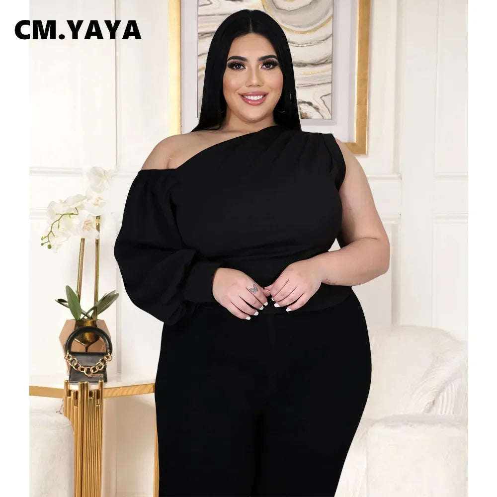 CM.YAYA Plus Size XL-5XL One Shoulder Sleeve Skew Neck Blouses and Shirt Tops