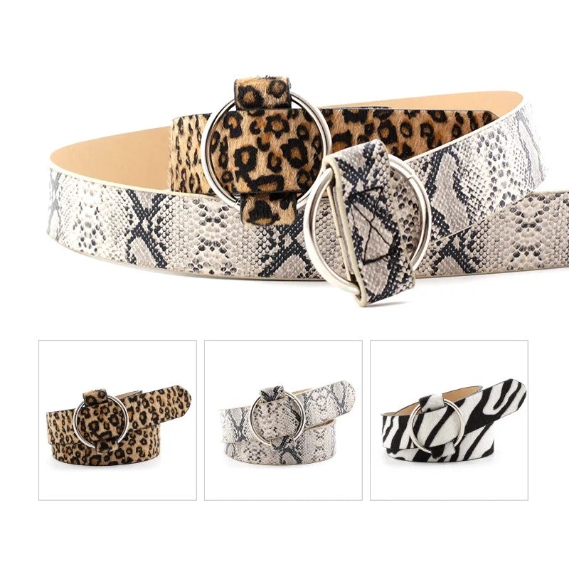 Women's Circle buckle PU Leather Belt For Women Leopard Snakeskin Zebra Print Teen student waistband Waist Belts Female