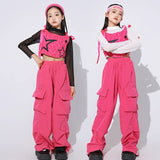 Girls Rose Red Hip Hop Outfits Long Sleeve Top Loose Cargo Pants Street Dance Suit Children Streetwear Kids Jazz Clothes Sets