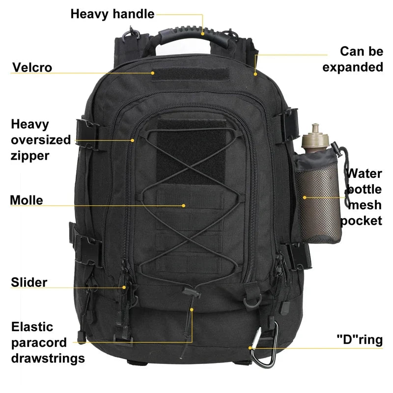 Expandable Extra Large 60L Tactical Backpack for Men Women Outdoor Water Resistant Hiking Backpacks Travel Back Pack Laptop Bag