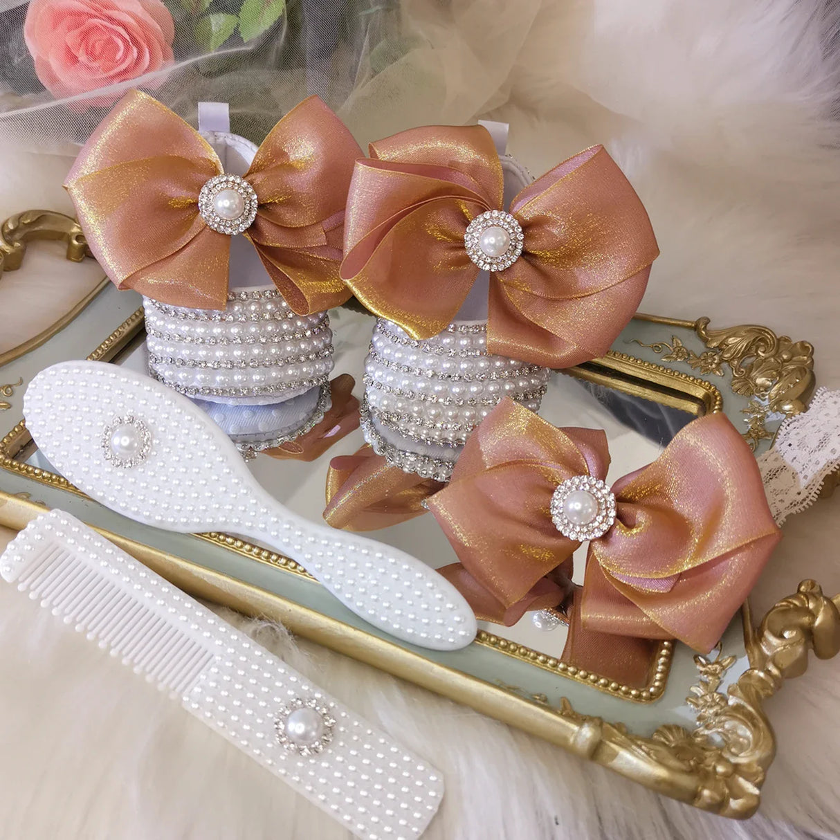 Dollbling Luxury Baby Bottles and Shoes Headband Set Keepsake Diamond Tutu Outfit Red Bottom Little Girl Baptism Shoes