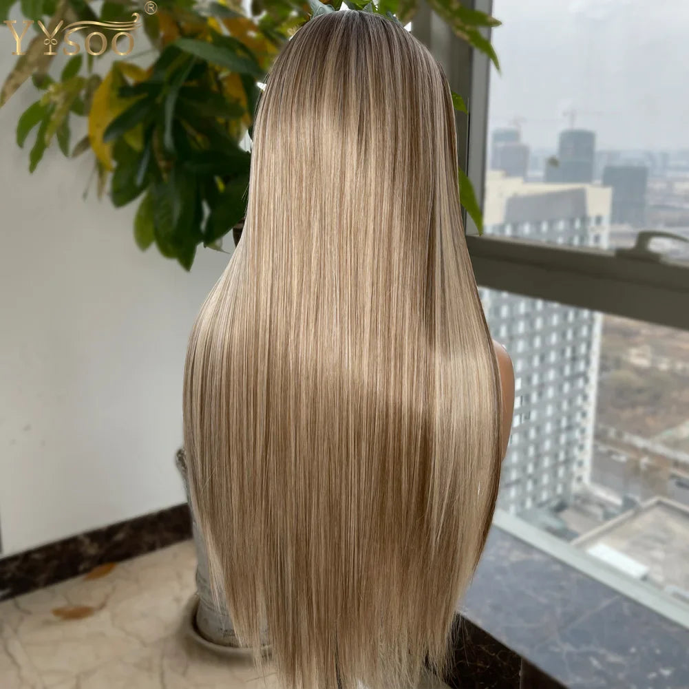 YYsoo Long Silky Straight Ombre Highlights Synthetic Wig 13x4 Futura Lace Front Wigs For Women Pre Plucked Hairline Dark Roots