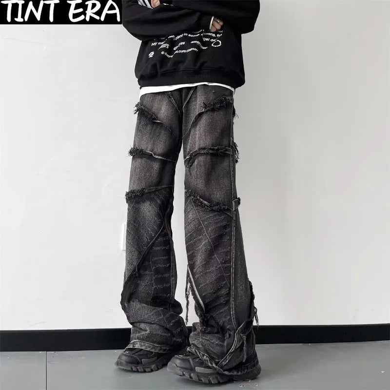 Y2K Punk Black American Street Rock Retro High Waist Oversized Jeans Men Raw Edge Washed Darkwear Wide Leg Trousers Men