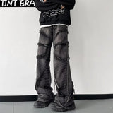 Y2K Punk Black American Street Rock Retro High Waist Oversized Jeans Men Raw Edge Washed Darkwear Wide Leg Trousers Men