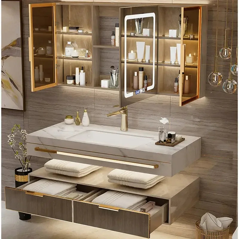 Modern Slate Bathroom Cabinet with Smart Mirror Ceramic Double Washbasin Bathroom Vanity Cabinets Under Sink Bathroom Furniture